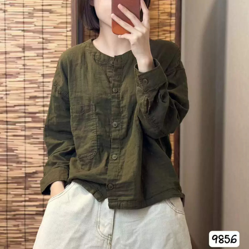 2026 Autumn Artistic Style Long-Sleeve Shirt for Women, Loose Fit, Round Neck, Double-Layer Cotton Gauze Linen Button-Down Cardigan Top 2026 Autumn Artistic Style Long-Sleeve Shirt for Women, Loose Fit, Round Neck, Double-Layer Cotton Gauze Linen Button-Down Cardigan Top