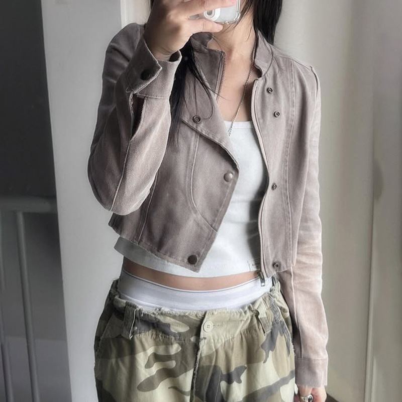 欧美秋冬新款甜酷帅气灰色麂皮机车服外套女辣妹修身短款立领夹克|undefined