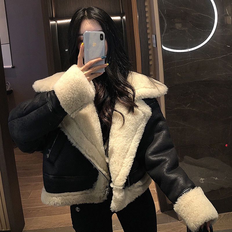 Lamb Fur One-Piece Motorcycle Jacket Pu Suede Jacket Women's Autumn and Winter Fleece-Lined Thickeneded Korean Style Short Style