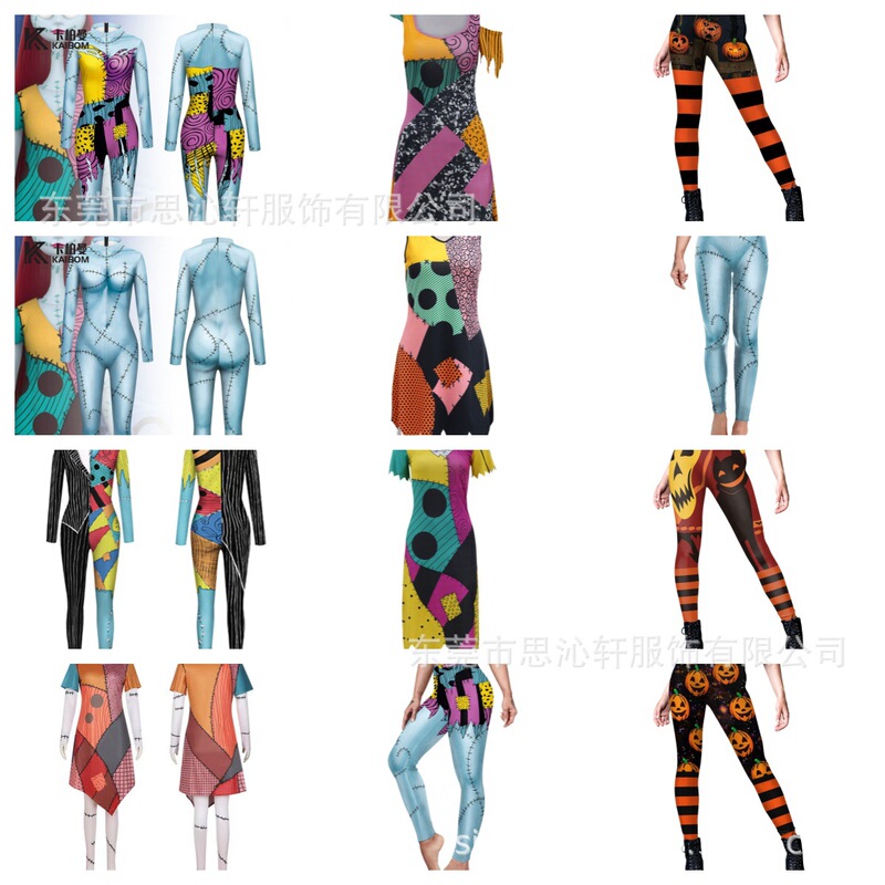 Cross-Border European and American Halloween Costumes Sally Cosplay Costume Cos Same Style 3D Printed Cosplay Jumpsuit Stage Cross-Border European and American Halloween Costumes Sally Cosplay Costume Cos Same Style 3D Printed Cosplay Jumpsuit Stage