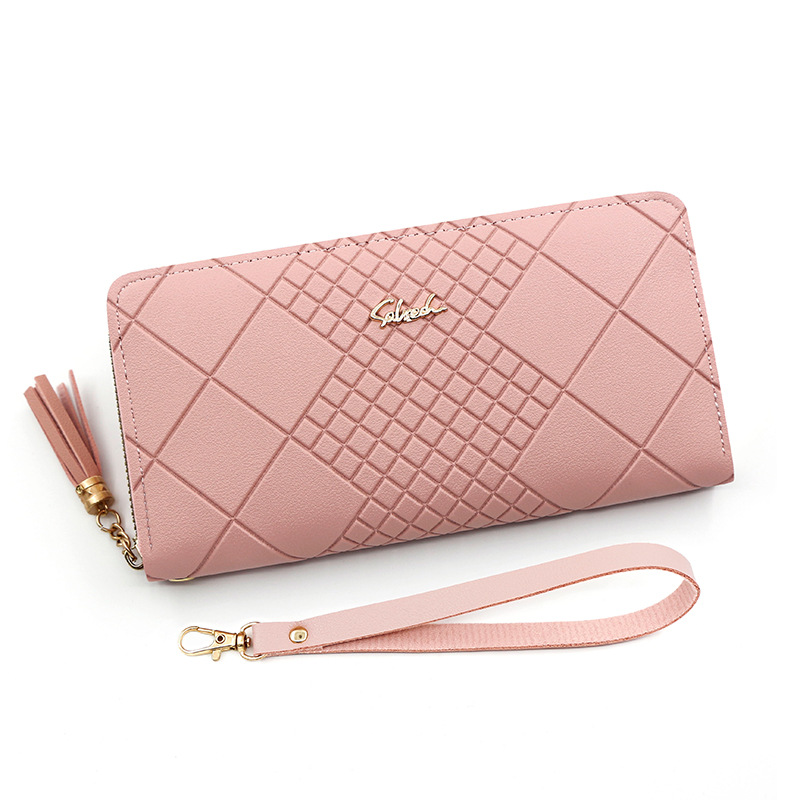 Cartera larga para mujer de nuevo estilo, bolso de embrague de pu en relieve simple a cuadros, bolso con cremallera, bolso para teléfono móvil con múltiples tarjetas, monedero