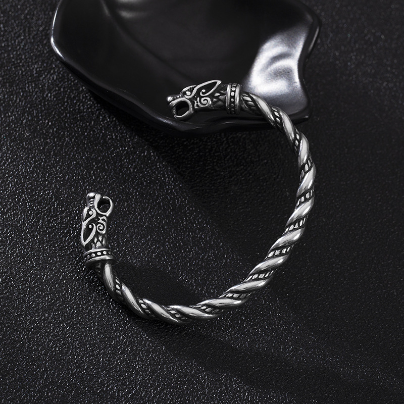 Men's Nordic Viking Dragon Head Open Bracelet Silver Style_voghion.com