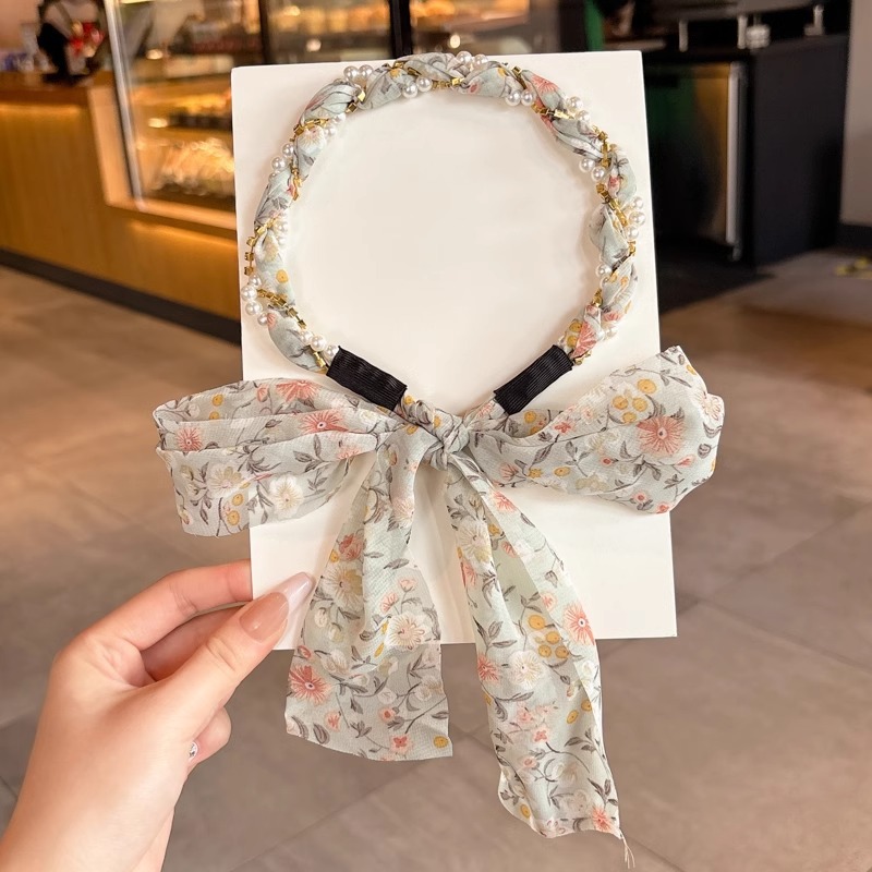 Niños super inmortal tejido bufandas de seda flotantes flores flotantes un cabello de cola de caballo atar cinta de cabello cabeza de cuerda de perla cabeza de cuerda de cabello