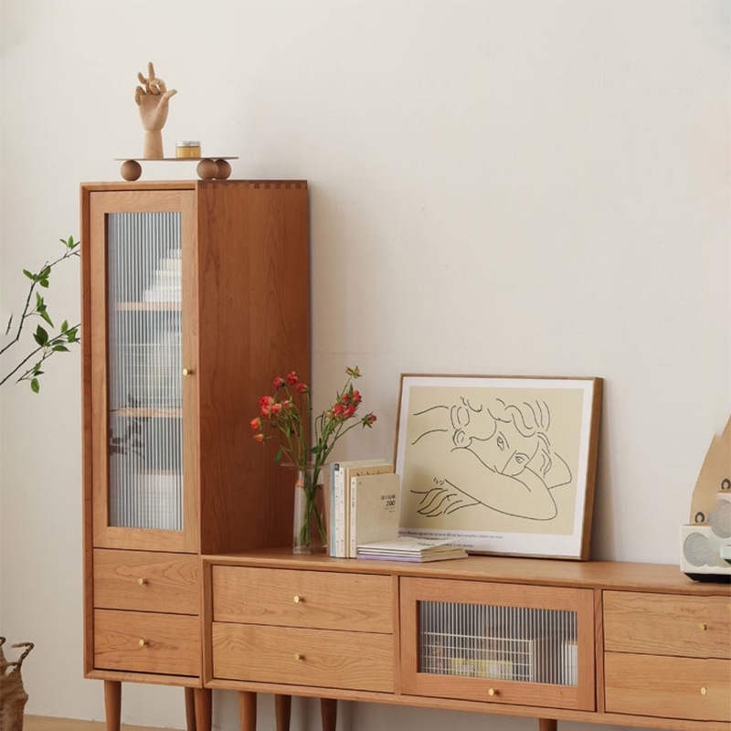 Cherry Wood TV Cabinet Coffee Table Combination Nordic Style Furniture Japanese Style Solid Wood TV Cabinet Small Apartment Modern Simple