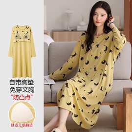 【带胸垫】春秋新款纯棉女长袖睡裙印花休闲女家居服图片色有吊牌