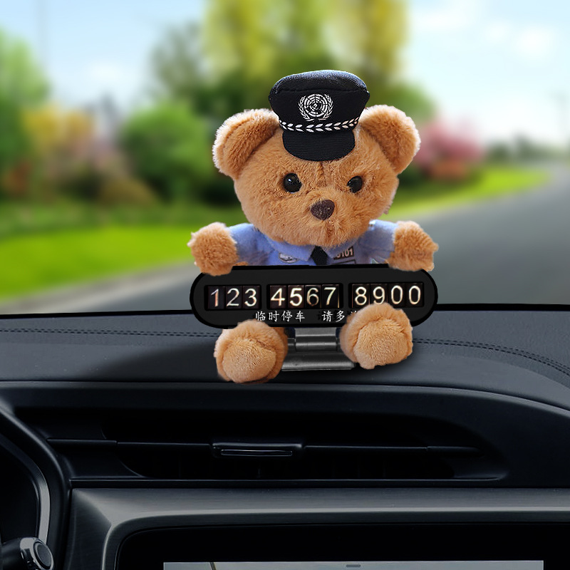 Lindo y divertido policía de tráfico de dibujos animados oso policía conejito pequeño número de estacionamiento temporal placa decoración del automóvil suministros del automóvil