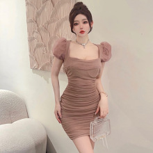 4391欧美东南亚外贸批发2026女装性感网纱泡泡袖褶皱辣妹连衣裙女