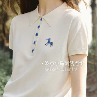 2026夏POLO领波点小马刺绣百搭显瘦减龄通勤简约休闲慵懒针织衫女