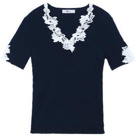 定制立体微镂空蕾丝V领时尚女士针织短袖 罗文袖口