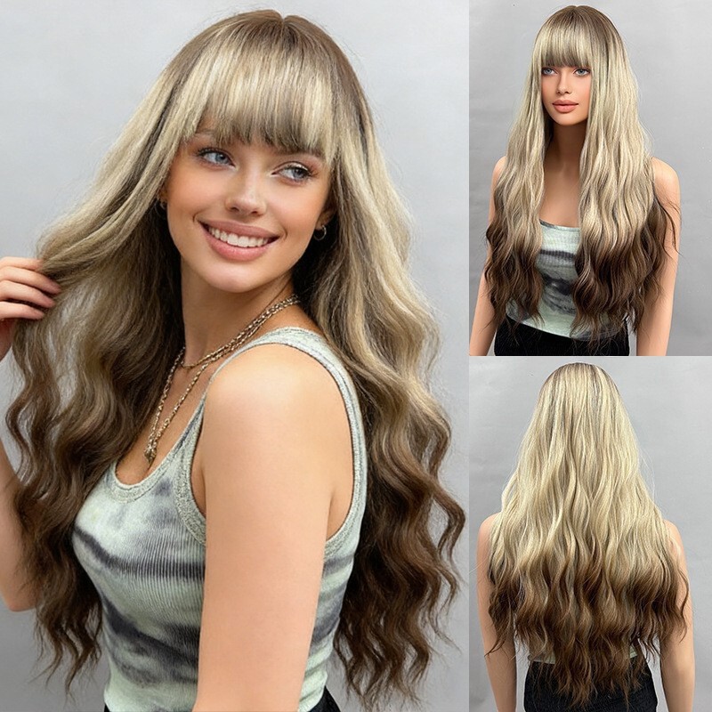Wig Full Hair Long Roll Layered Wig with Bangs Synthetic Cosplay Gradient Beige Pink Wig Women