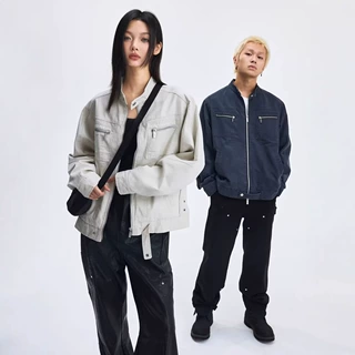 古着vintage水洗帆布牛仔外套男款美式多口袋立领哈灵顿工装夹克