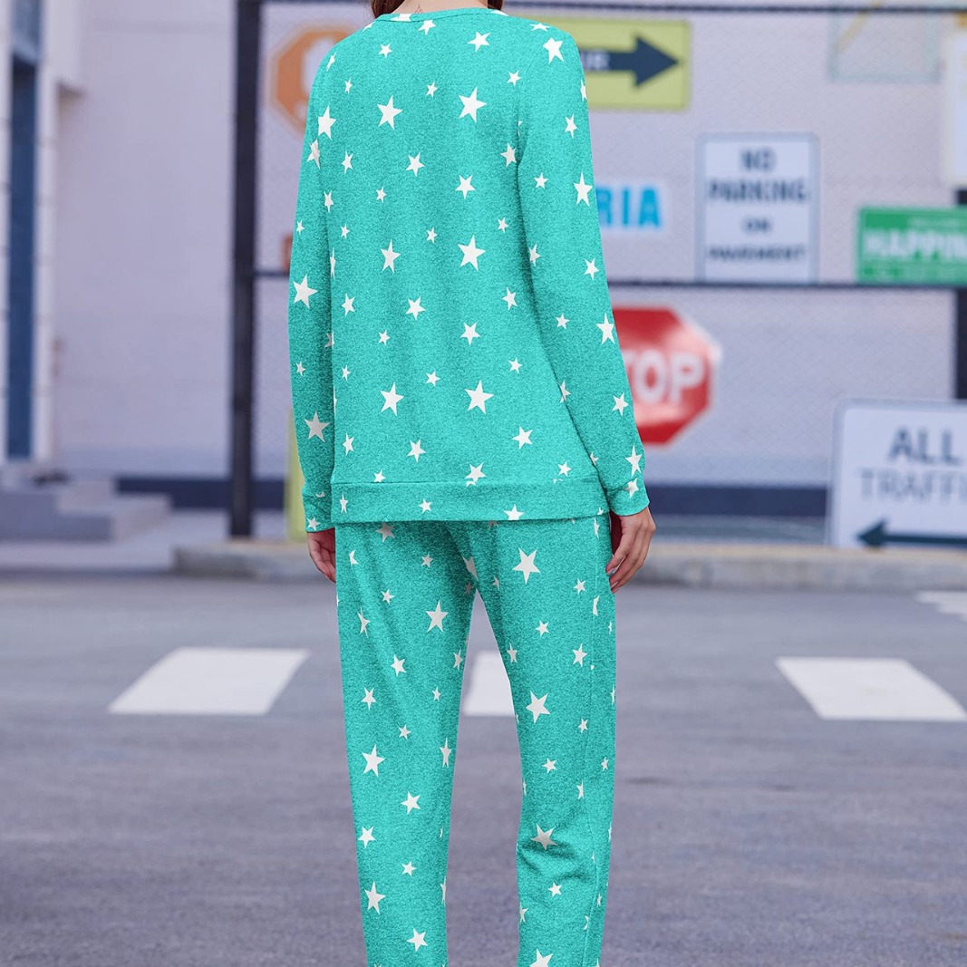 Pijamas con estampado de estrellas para mujer de estilo europeo y americano, pijamas suaves, traje casual de cuello redondo, pijamas con bolsillos, servicio a domicilio