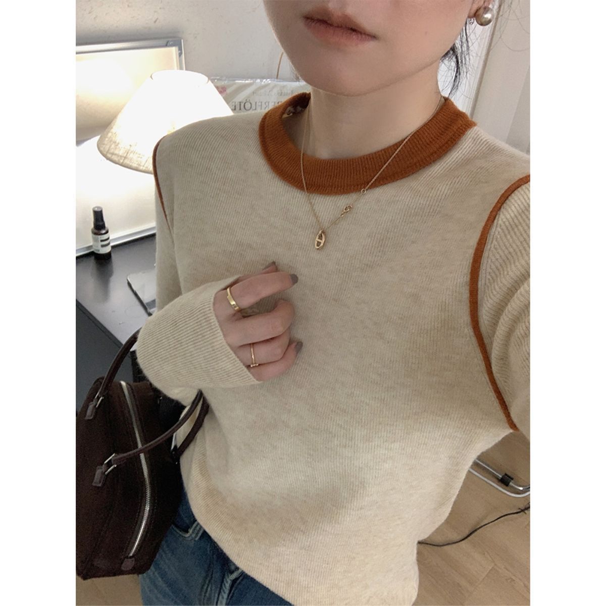 Irina 2025 Spring and Autumn High-End Color-Block Round Neck Knitted Pullover Slim Fit Soft Sweater for Women
