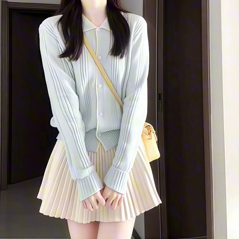 韩系风格穿搭一整套秋冬超好看奶fufu蓝色针织开衫百褶裙两件套女|undefined