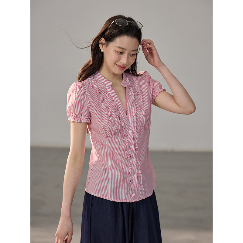 Geming/Apxivi-Summer New Design V-Neck Ruffled Striped Korean-Style Commuter Red and White Striped Blouse Cg242 Geming/Apxivi-Summer New Design V-Neck Ruffled Striped Korean-Style Commuter Red and White Striped Blouse Cg242