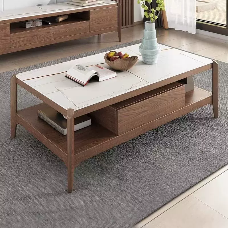 北欧新中式茶几电视柜组合小户型客厅储物岩板茶桌白蜡木实木茶几