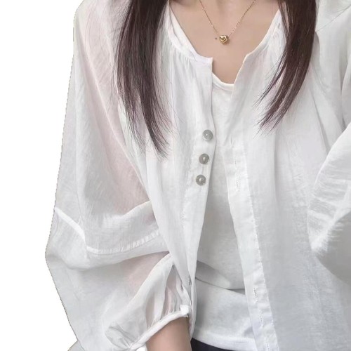 French-style gentle lilac silk-linen sun protection shirt for women, summer thin model, outerwear, loose bell sleeve blouses and coats