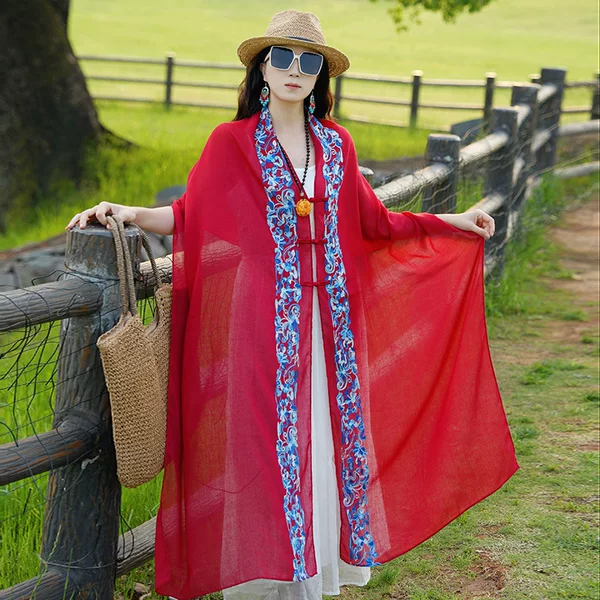 Red cotton and linen embroidery grassland desert Xinjiang tourism ethnic style scarf shawl women's thin sunscreen scarf