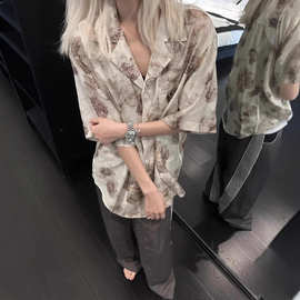 夏季树纹肌理花瓣休闲丝光薄宽松古巴领短袖衬衫男女港风花衬衣潮