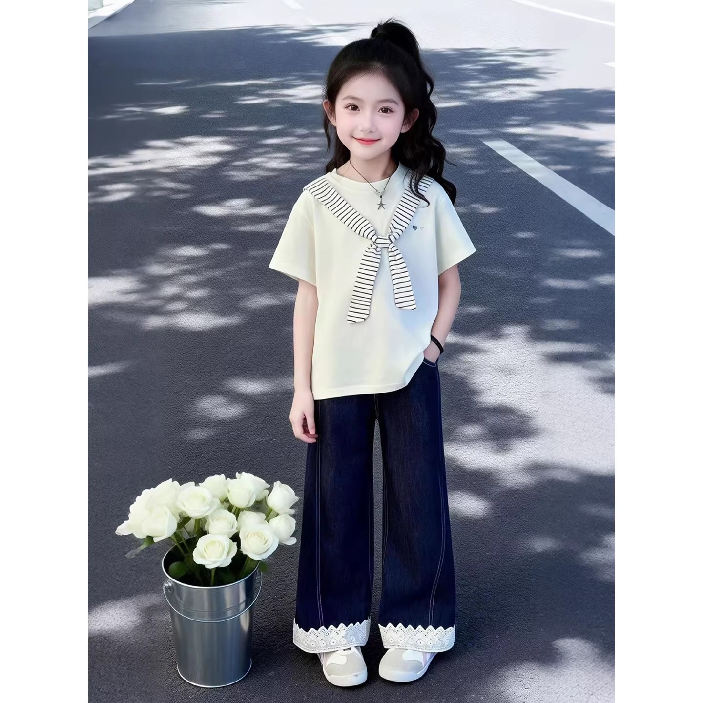 女童夏季休闲套装2026新款设计感纯棉上衣花边牛仔裤洋气两件套潮