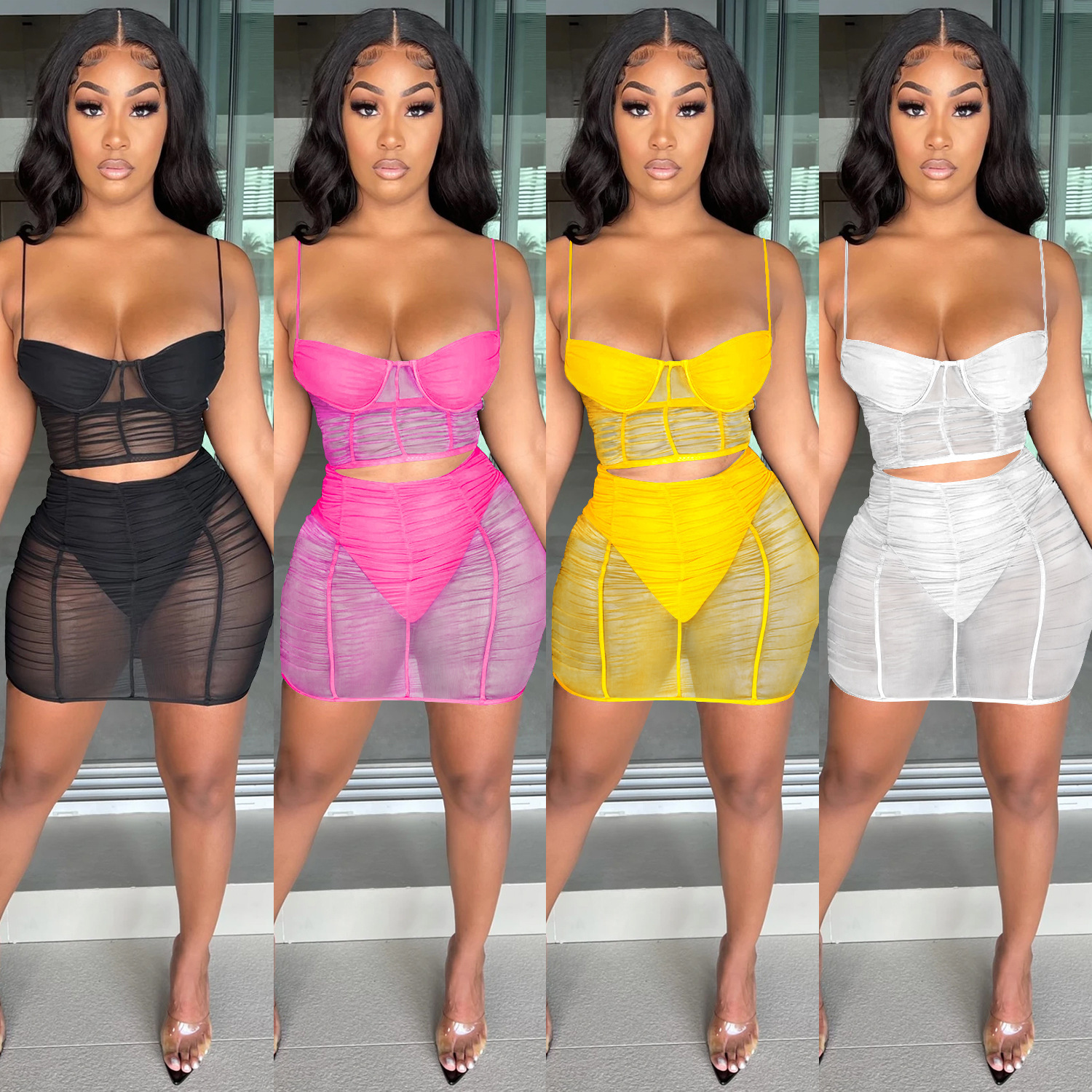 C5176 en stock de moda de verano sexy de color sólido leche de malla de hilo transparente bolsa de cadera falda corta de dos piezas para mujeres