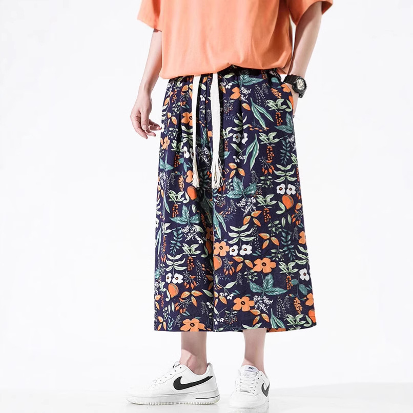 2025 Summer New Fashion Floral Thin Wide-Leg Cropped Pants Casual Loose Large Size Straight Pants Beach Pants for Men