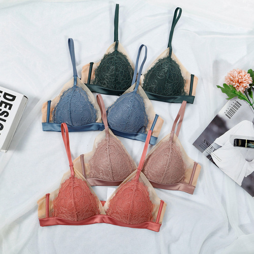 New European and American sexy bra set girls underwear lace bra no rims French triangle cup thin bra