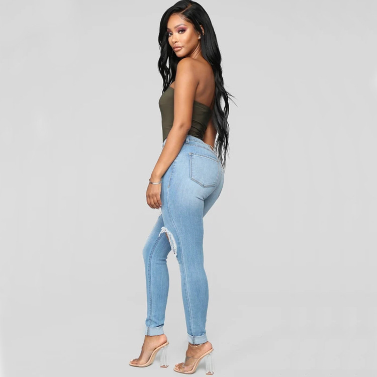 High Waist High Elastic Ripped Slim-Fit Jeans NSWL105844