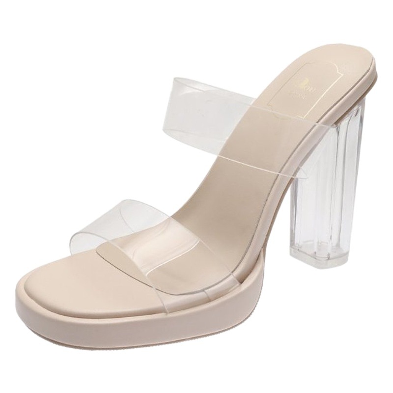 Sandalias transparentes de tacón alto, estilo verano 2025 para mujer, tacones gruesos a la moda con una sola correa, sensación de alta gama para uso en exteriores.
