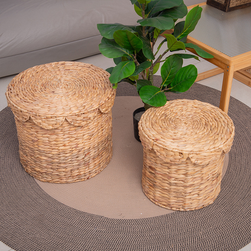 Personalizado Amazon nuevo producto encaje gran capacidad barril de almacenamiento hierba de calabaza canasta de ropa sucia cilíndrica color original almacenamiento de hierba de calabaza