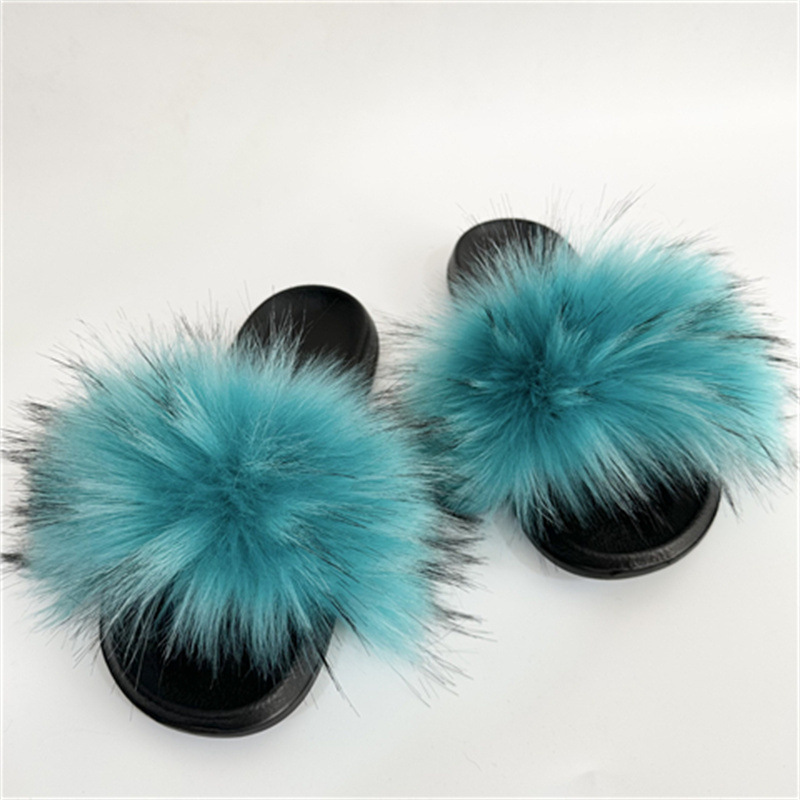 Foreign trade Amazon imitation raccoon fur imitation Fox trendy women's casual summer slippers beach slippers