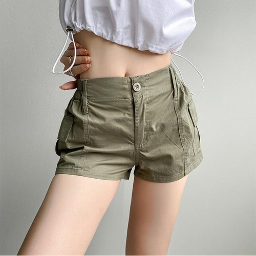 Vintage American Washed Work Shorts Military Green Elastic Waist Stretch Pockets Versatile Sports Dancing Five-Finger Hot Pants