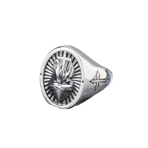 R0988-H European & American Style Jewelry Wholesale: Vintage Titanium Steel Ring with Cross and Heart Designs