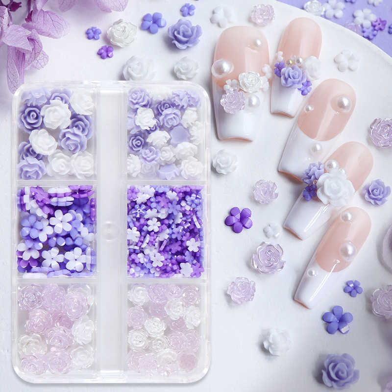 New 6-grid Purple Camellia Love Nail Art Accessories Three-dimensional Resin Mixed Color Mixed Rose Nail Accessories