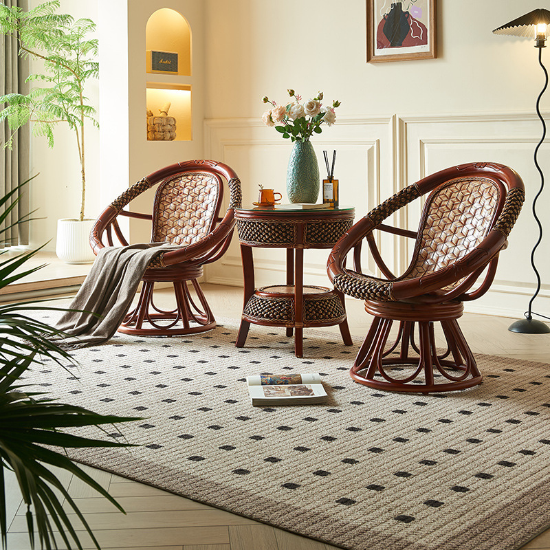 Jingtengju Rattan Chair Three-Piece Set Solid Wood Real Rattan Balcony Leisure Small Table and Chair Combination Elderly Backrest Rotatable Recliner