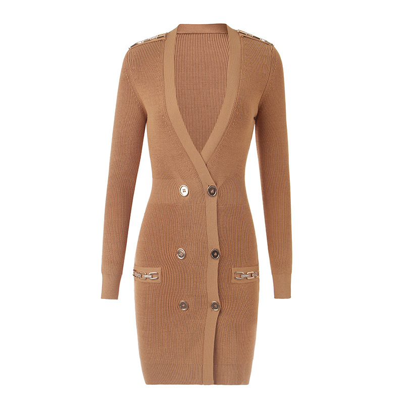 Autumn Elegant Commuter Knitted Skirt European and American Style Camel Casual Fashion Coat Dress Cross-border Chain Decorative Texture Autumn Elegant Commuter Knitted Skirt European and American Style Camel Casual Fashion Coat Dress Cross-border Chain Decorative Texture