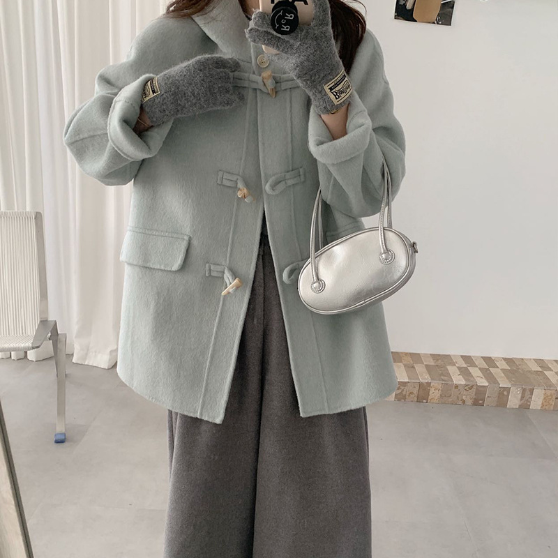 2026 Autumn/Winter Korean Style Loose Slimming Versatile Hooded Coat with Horn Buttons and Large Pockets Double-Sided Wool Coat for Women 2026 Autumn/Winter Korean Style Loose Slimming Versatile Hooded Coat with Horn Buttons and Large Pockets Double-Sided Wool Coat for Women