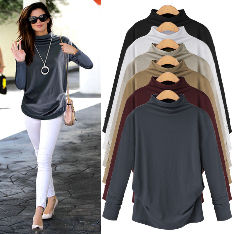 大码女装长袖蝙蝠袖上衣打底衫2025春秋新款立领T恤棉质女装纯色