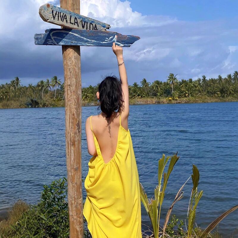 Seaside Photo Super Fairy Yellow Sling dress Yunnan Sanya Travel Wear Long Dress Holiday Backless Fairy Dress