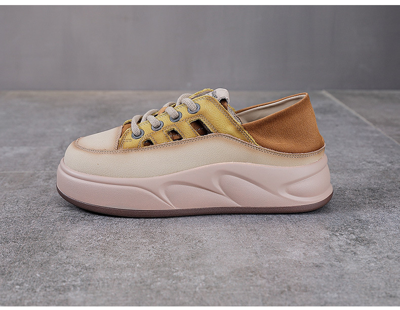 Giày sneaker nữ đế dày da bò thật thoáng khí phối màu mùa hè — Màu vàng chi tiết 11