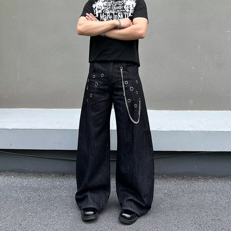 American Retro Metal Design Rock Style Ring Chain Loose Wide-Leg Jeans Unisex Versatile Scimitar Pants American Retro Metal Design Rock Style Ring Chain Loose Wide-Leg Jeans Unisex Versatile Scimitar Pants