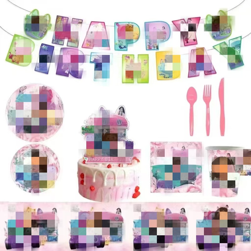 Pink Cover Birthday Party Decoration Supplies Plates, Napkins, Hanging Decorations, Cups, Knives, Forks, Spoons