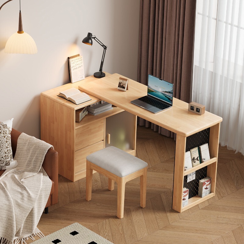 Solid wood corner desk with integrated drawer cabinet and bookcase, suitable for small apartments, bedroom, home study, student computer desk, extendable