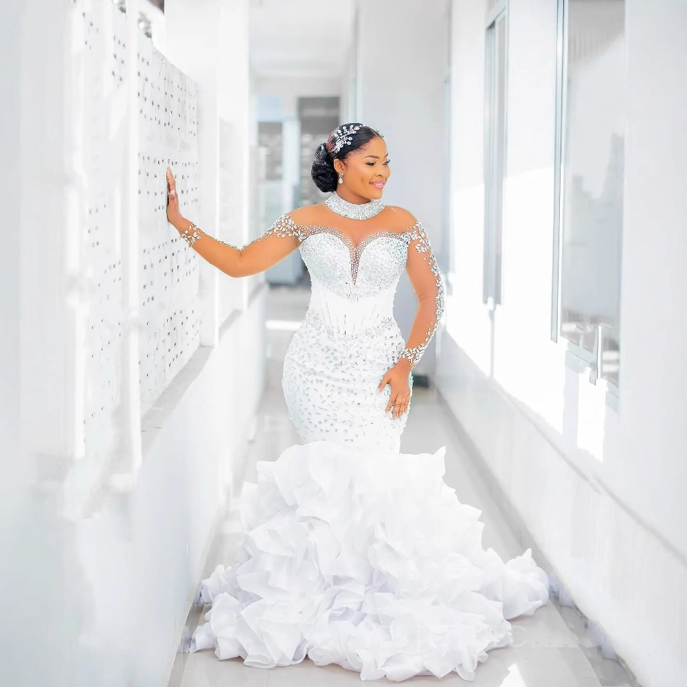 Cross-Border Foreign Trade New One-Shoulder Fishtail Wedding Dress Long-Sleeved Light Luxury Niche Wedding Dress Slim Sexy Light Wedding Dress for Women