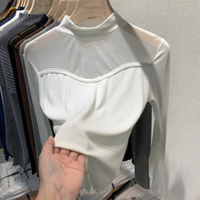 欧货半高领打底衫女秋冬内搭2023新款洋气网纱设计感上衣长袖t恤