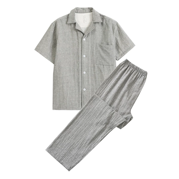 (Men) Double-layer yarn short-sleeved trousers grey polka dots