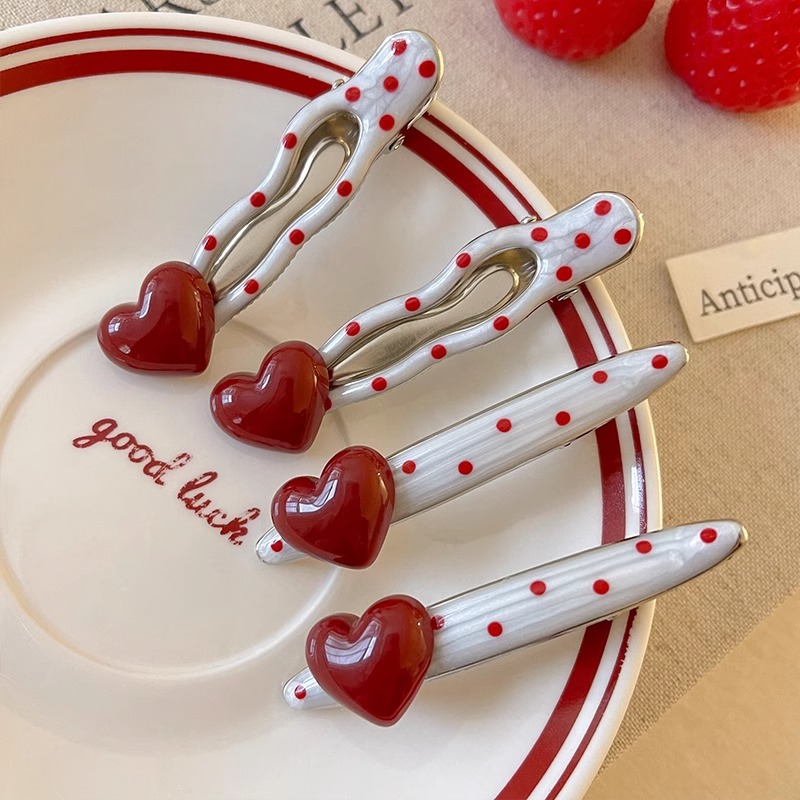 Red Wave Dot Love Metal Hairpin Girly Temperament Bangs Clip Hairpin Side Broken Hair Duckbill Hairpin Hair Accessories 3