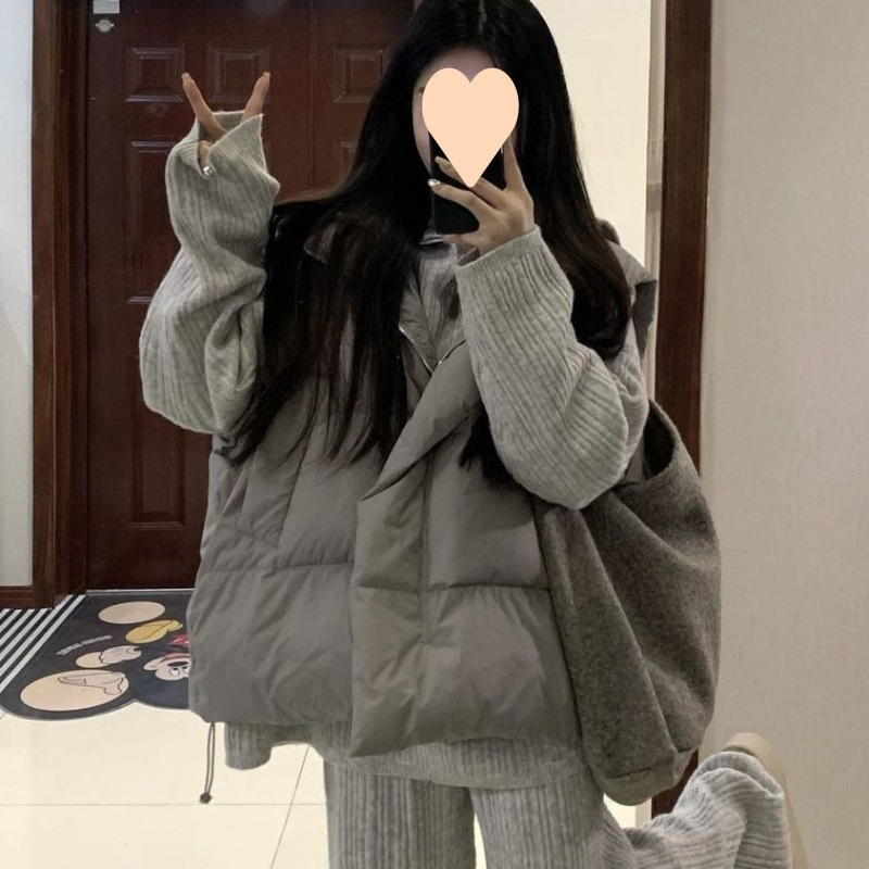 女复古保暖棉服马甲外套秋冬装叠穿针织毛衣长裤套装时尚三件套|undefined
