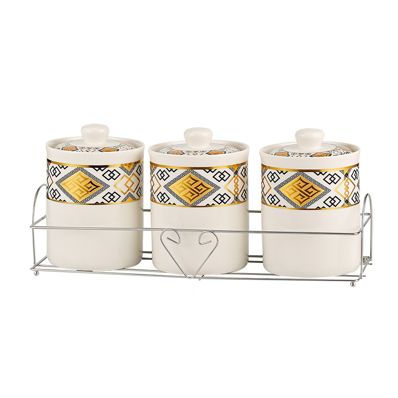 Tanque de sellado de cerámica exportado transfronterizo tanque de almacenamiento cubierta de madera tanque de almacenamiento de té de cocina condimento lata de café set