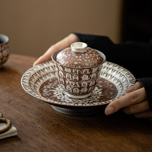 Vintage Ceramic Dunhuang Wanfo Silver-plated Kung Fu Tea Set Teapot Bottom Pot Bearing Zen Sancai Bowl Tea Cup